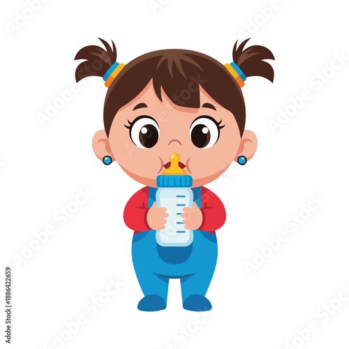 Cute Baby Girl Drinking Milk Bottle Cartoon Illustration