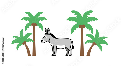 Gray Donkey Standing Near Palm Trees.