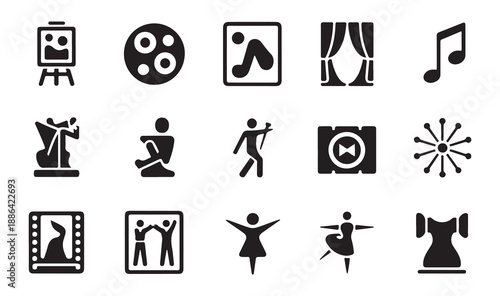 Arts culture performance icons set easel palette picture frame theater curtains music note dancer camera dress