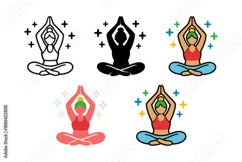 Stylized meditation icon set featuring a woman in lotus pose with prayer hands and sparkles for wellness, spirituality, and mental health design