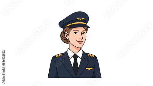 Female pilot in uniform smiling confidently.