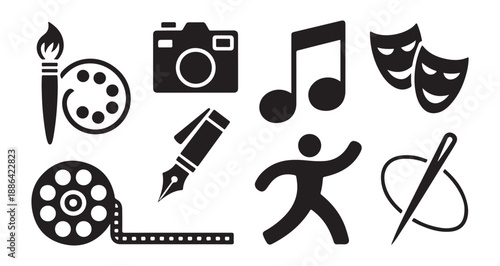 Simple vector illustrations of creative tools like paint brush camera music note theater masks and pen tool