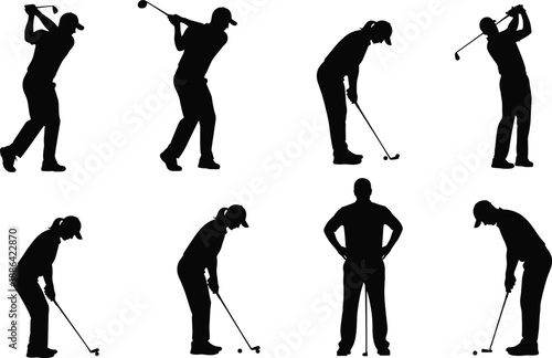 Vector Silhouette Set of Male and Female Golfers in Various Poses Including Swing Putting and Standing Isolated on White Background for Sports Design