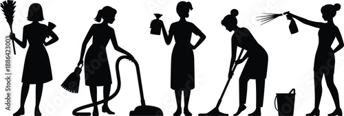 Vector Silhouette Set of Professional Housekeepers Performing Cleaning Tasks with Vacuum Mops Sprays and Dusters for Janitorial and Home Service Designs