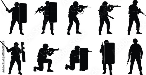 Vector Silhouette Set of Riot Police and Tactical Officers in Action Poses with Shields Batons Rifles and Protective Gear for Security Concepts