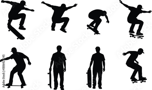 Vector Silhouette Set of Skateboarders Performing Tricks Like Ollies and Jumps or Standing with Boards Isolated on White Background for Urban Streetwear Design