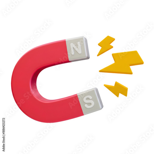 A vibrant 3D rendered illustration of a red horseshoe magnet with N and S poles, emitting yellow lightning bolts symbolizing magnetic attraction and power.