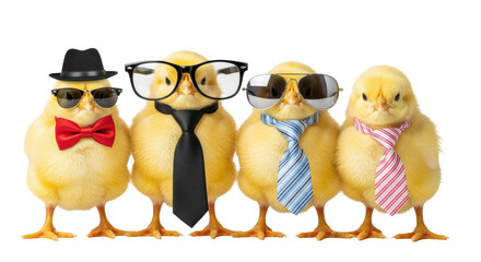 four fluffy yellow chicks in tiny ties and sunglasses posing rigidly straight for a mock corporate team photo in a high-key studio with white copy space. Humorous business parody concept