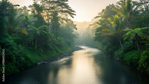 Wallpaper Mural Misty River Winding Through Lush Tropical Rainforest at Sunrise. Torontodigital.ca