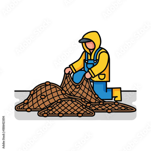 Fisherman Handling Fishing Net Illustration.