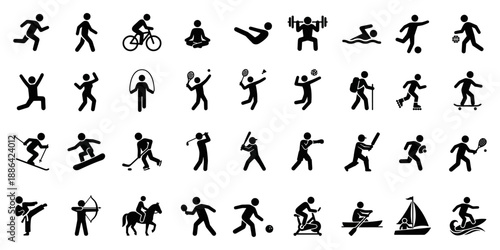 Big Set of 36 Sports and Fitness Activity Icons, Minimalist Black Silhouette Stick Figures for Smartwatch UI, Workout Tracker and Health App Vector Symbols