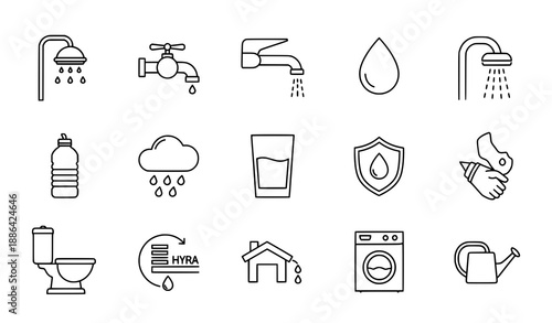 Water usage and hygiene minimalist line icon set