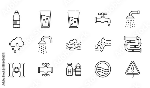 Drinking water and plumbing outline icon collection
