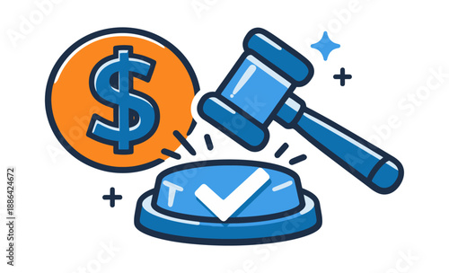 Hand drawn line art illustration of a gavel, dollar sign, and checkmark depicting an auction bid for business and legal concepts