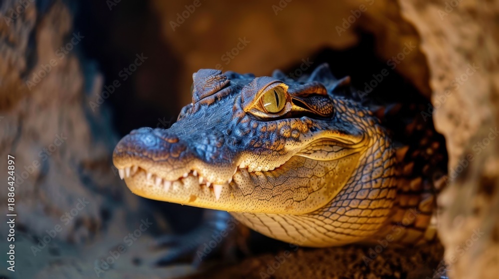 Obraz premium Close-Up View of a Crocodile's Head with Detailed Scales and Intense Eyes in a Natural Habitat Setting