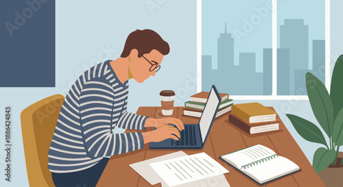 Author Writing at Desk
A flat vector illustration of an author sitting at a desk, writing on a laptop or notebook. Coffee cup, books, and papers visible. Clean flat vector style, solid colors