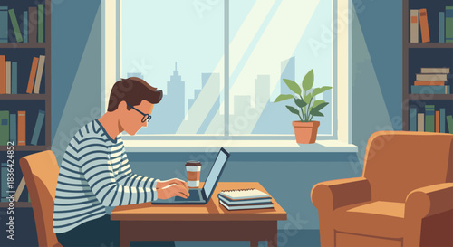 Author Writing by Window
A flat vector illustration of an author writing near a window with natural light. Calm indoor setting, plants or city view outside. Flat vector style, peaceful and creative
