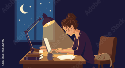 Author Working Late Night
A flat vector illustration of an author writing late at night under a desk lamp. Moon or stars visible through window. Flat vector style, quiet and focused atmosphere.