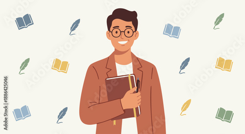 Friendly Author Portrait
A flat vector illustration of a friendly author smiling confidently, holding a book or notebook. Simple background with book and pen icons. Flat vector style ideal