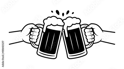 Cheers with Ale: A pair of hands raise high hearty mugs filled with frothy ale, their clinking and splashing of beer against each other, evoking conviviality and celebration.