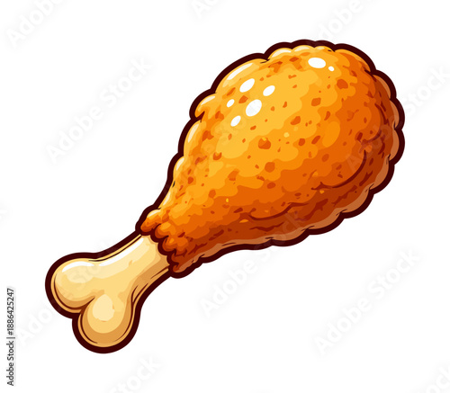 Cartoon illustration of a fried chicken drumstick depicting a delicious crispy texture for fast food menus and advertising