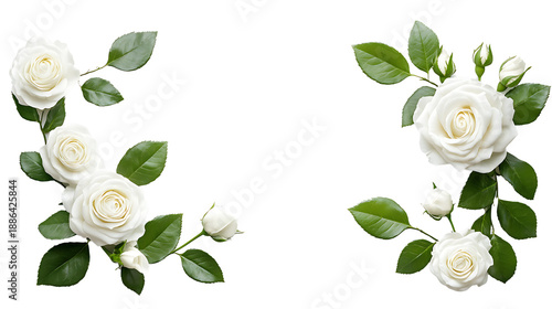 White rose flowers and leaves in a corner floral arrangement, isolated on a transparent background.