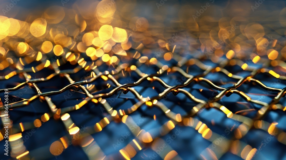 Obraz premium Abstract close-up of illuminated wire mesh with bokeh effect creating a captivating atmosphere of light and texture