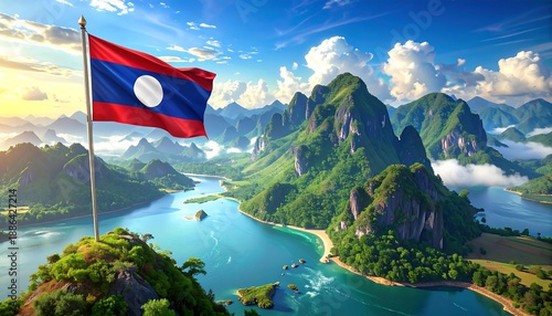 Wallpaper Mural Laos Flag Waving Over Scenic Landscape - A National Symbol. Torontodigital.ca