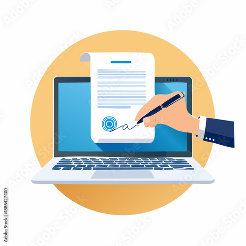 Digital electronic signature concept art collage banner template. Cutout halftone hand signing business contract or document on laptop computer screen.