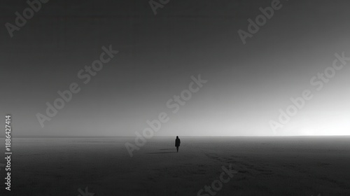 Wallpaper Mural A solitary figure walks across an expansive, barren landscape, captured in a stark black-and-white contrast, conveying themes of solitude and vastness. Torontodigital.ca