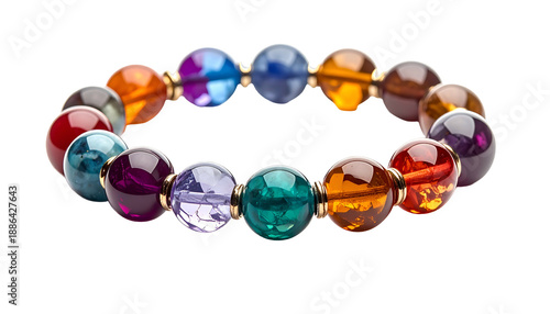 A close-up of a vibrant beaded bracelet with an array of colorful gemstones, on black