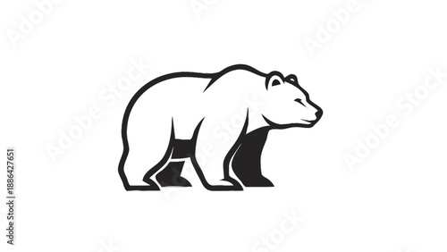 Stylized silhouette of a walking bear in black and white.