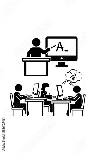 Teacher instructing students on computers in a classroom setting.