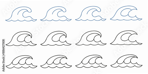 Arrangement of repeated wave or arc shaped blue line drawings in a grid pattern