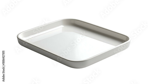 White, square ceramic serving tray with rounded corners, elevated on a dark background