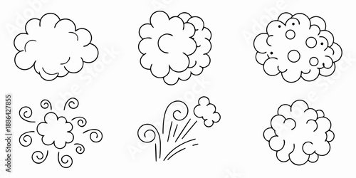 Simple black and white illustration of various cloud shapes and weather patterns