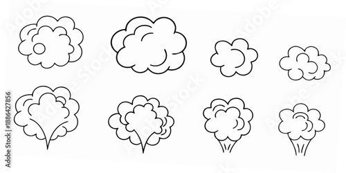Simple line drawing of several fluffy clouds in various shapes and sizes