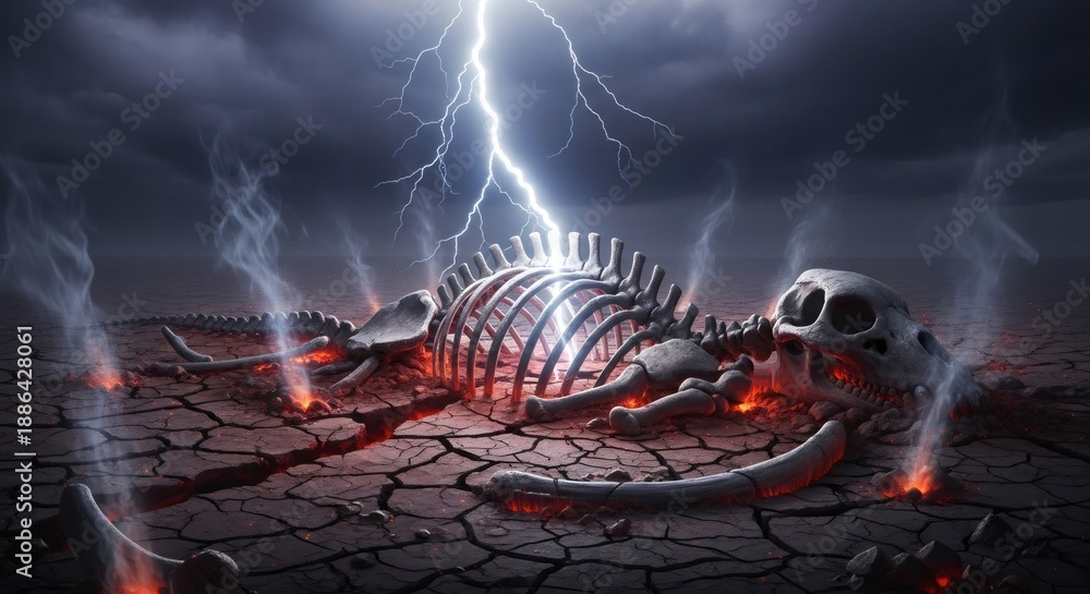 Fototapeta premium Dinosaur skeleton on cracked earth under dramatic lightning sky. Extinction event concept from the prehistoric era.