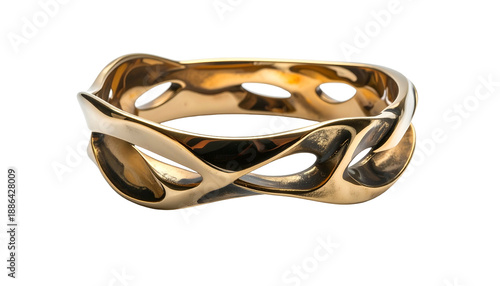 A gleaming gold bracelet with a complex, interwoven, openwork design, resting on black