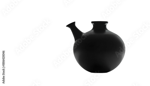 A black, ceramic vessel with a spout, rounded body, and cylindrical neck against black