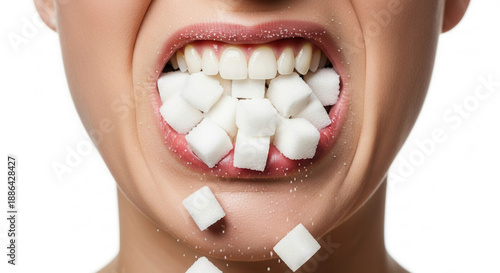 Adult mouth biting sugar cubes in studio, excessive sugar consumption and health risk