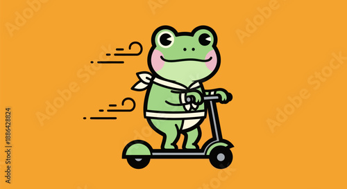Cartoon frog riding scooter orange background