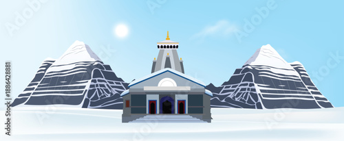 Kedarnath Temple Winter Landscape Illustration With Himalayan Mountains vector illustration