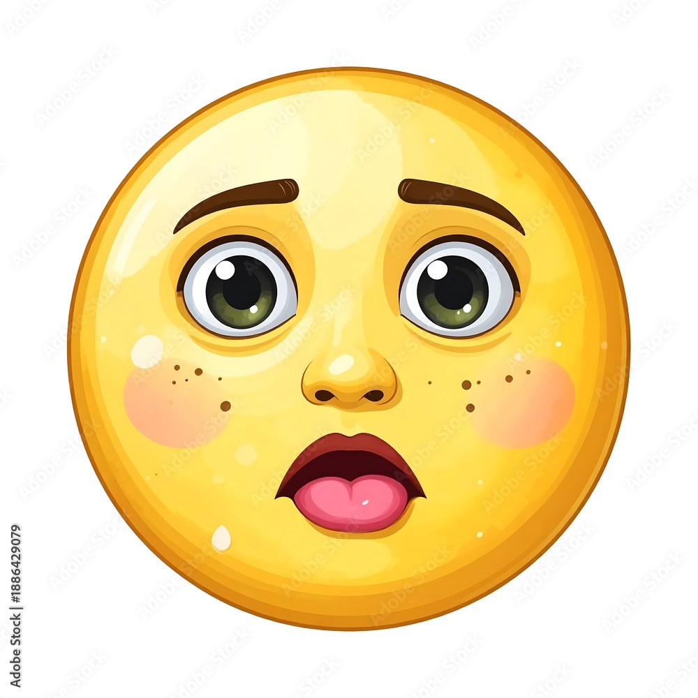 Fototapeta premium Round yellow face displaying a shocked expression, with wide eyes and open mouth on a white background