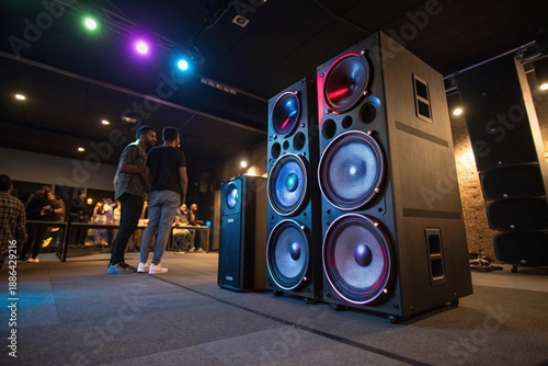 A group of speakers are on display in a room