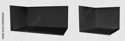 Black corner booth set with 3d stand mockup and wall for exhibition tradeshow. Empty square room with backdrop office display and showroom space interior. Front pop up store area perspective vector