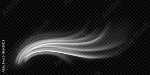 Air wind with fresh breeze flow and cool white stream on black background. Clean wave motion with realistic texture and light shine effect. Vector png graphic overlay for room with conditioner