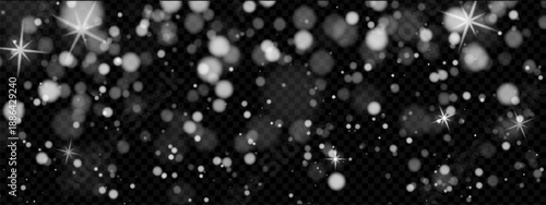 Snow overlay with falling white flake and transparent sparkle on cold winter night. Magical snowy layer effect with glitter powder and subtle glow for holiday background. Vector isolated png design