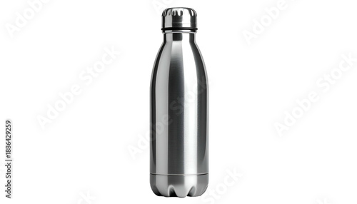 A sleek, stainless steel water bottle, isolated against a stark black background