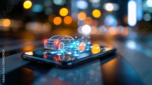 Futuristic Concept of Smart Automotive Technology with Holographic Car Displayed on Smartphone Screen